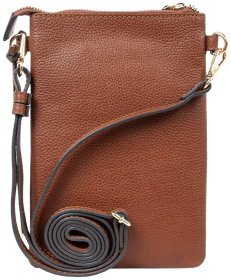 Жіноча міні-сумка для смартфона з натуральної фактурної шкіри на блискавці AZ71 коричневого кольору 94251