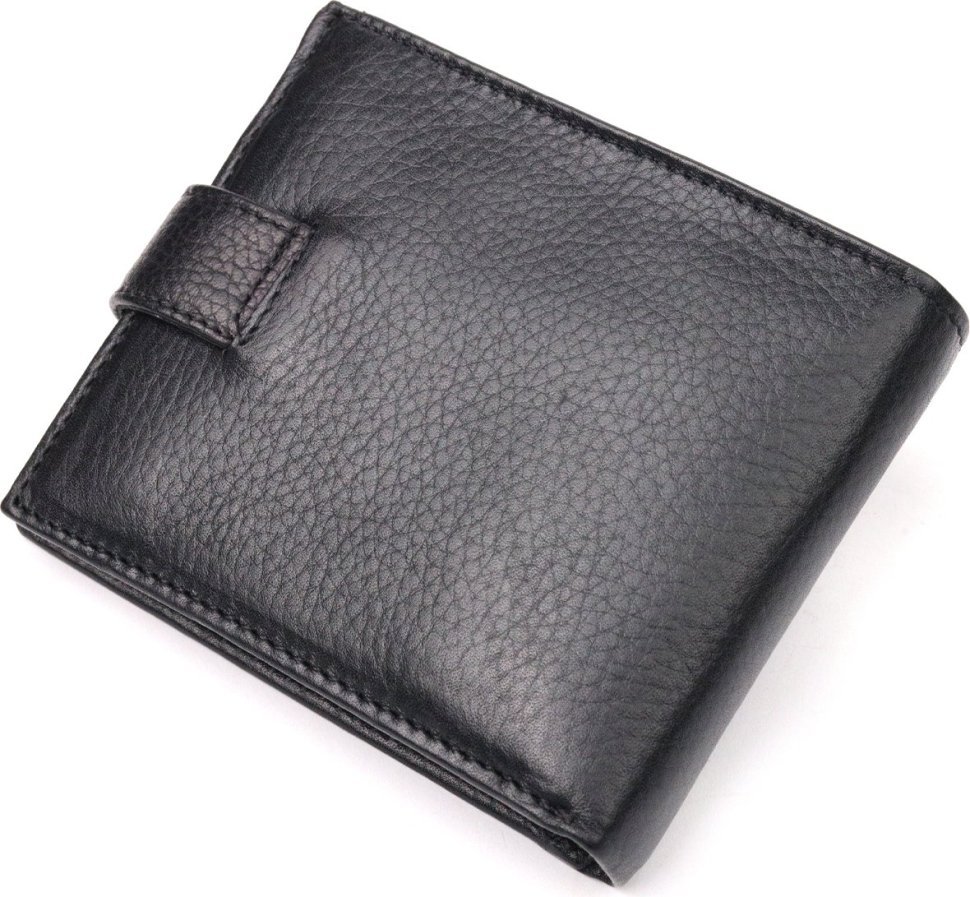 Чорне чоловіче портмоне з натуральної шкіри з крупно-вираженою фактурою на кнопці KARYA (2421037)