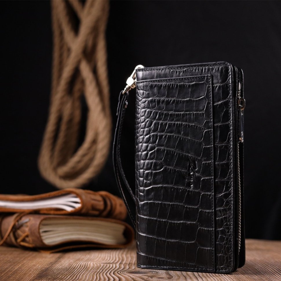 Мужской черный кошелек-клатч из натуральной кожи с тиснением под крокодила KARYA (2421137)