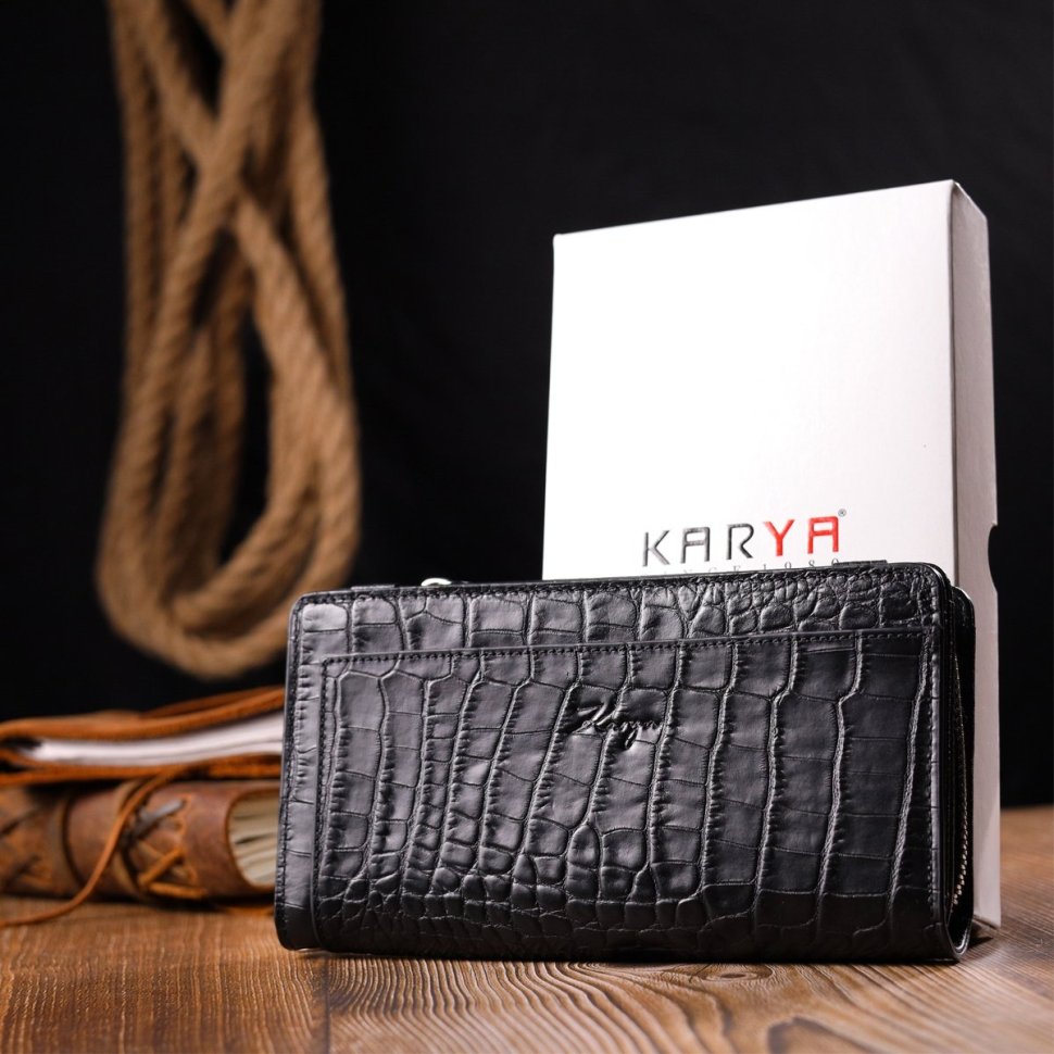 Мужской черный кошелек-клатч из натуральной кожи с тиснением под крокодила KARYA (2421137)