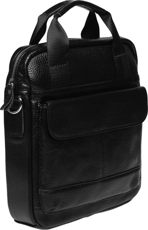 Чоловіча сумка середнього розміру із натуральної шкіри чорного кольору з ручками Keizer (21365)
