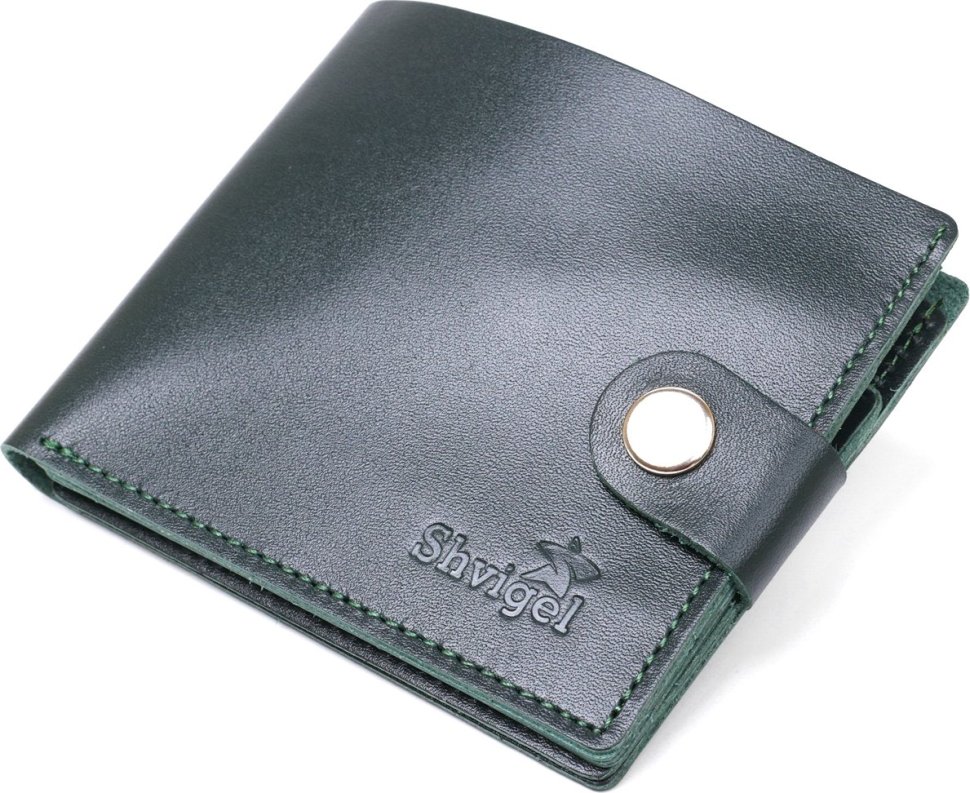 Зеленое практичное портмоне из гладкой кожи на кнопке Shvigel (2416448)