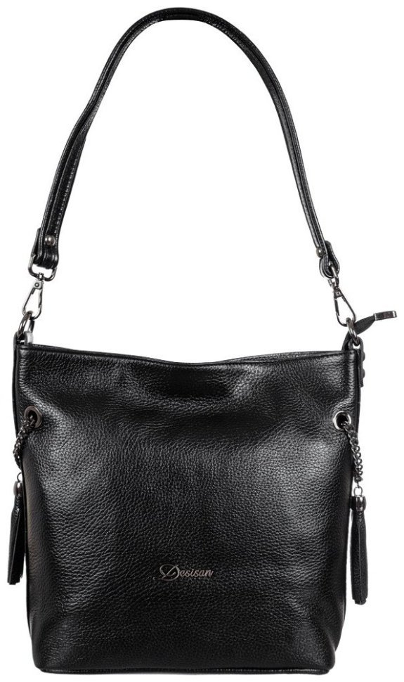 Вместительная женская сумка через плечо из натуральной фактурной кожи черного цвета Desisan 107251 modnotak фото №1