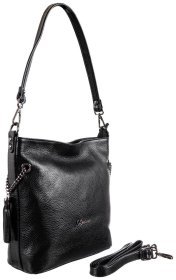 Вместительная женская сумка через плечо из натуральной фактурной кожи черного цвета Desisan 107251