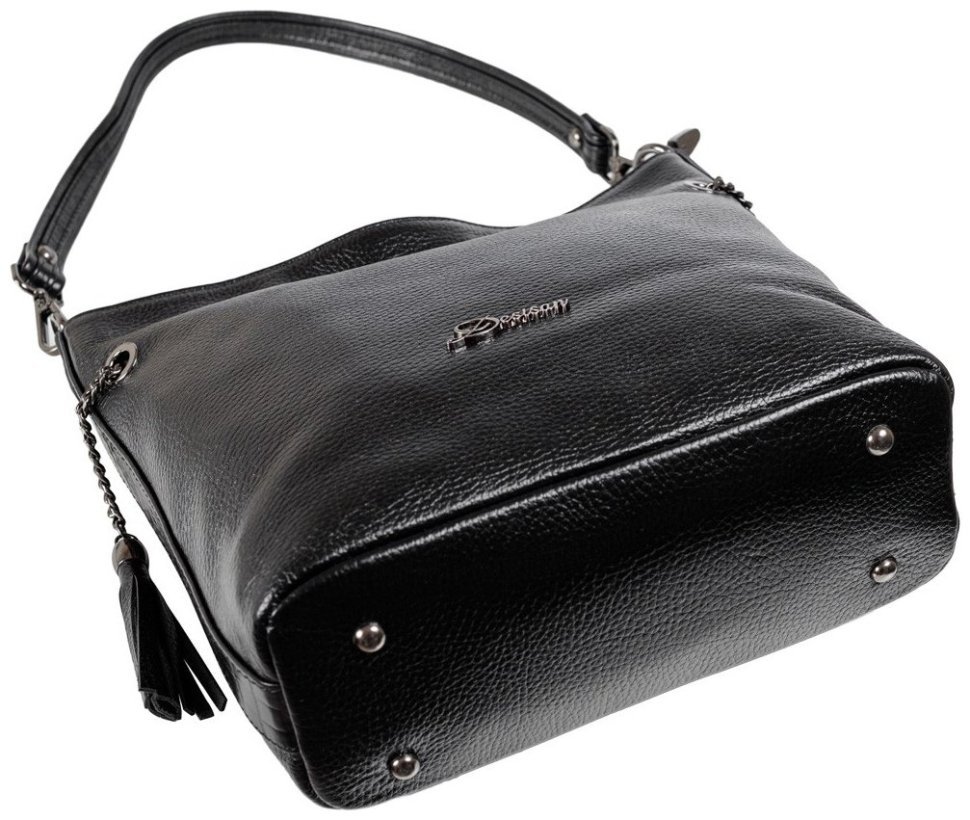 Вместительная женская сумка через плечо из натуральной фактурной кожи черного цвета Desisan 107251 modnotak фото №5