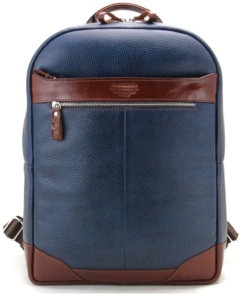 Чоловічий шкіряний рюкзак синього кольору із відсіком під ноутбук Tom Stone 77751