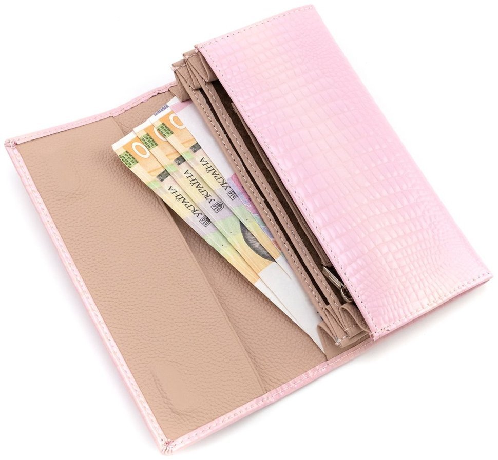 Лакований шкіряний жіночий гаманець Leather Collection 97751 рожевого кольору modnotak фото №8