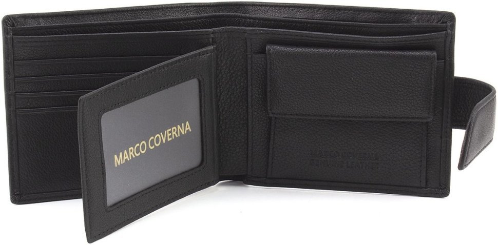 Класичний чоловічий портмоне з натуральної шкіри чорного кольору з хлястиком на кнопці Marco Coverna 68651