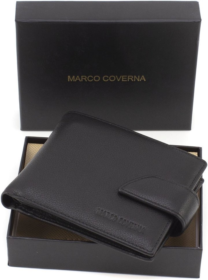 Классическое мужское портмоне из натуральной кожи черного цвета с хлястиком на кнопке Marco Coverna 68651