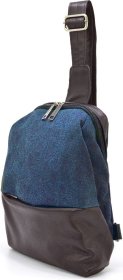 Чоловічий рюкзак-слінг на одне плече з натуральної шкіри та текстилю в коричнево-синьому кольорі TARWA (21690)