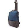 Мужской рюкзак-слинг на одно плечо из натуральной кожи и текстиля в коричнево-синем цвете TARWA (21690) - 1