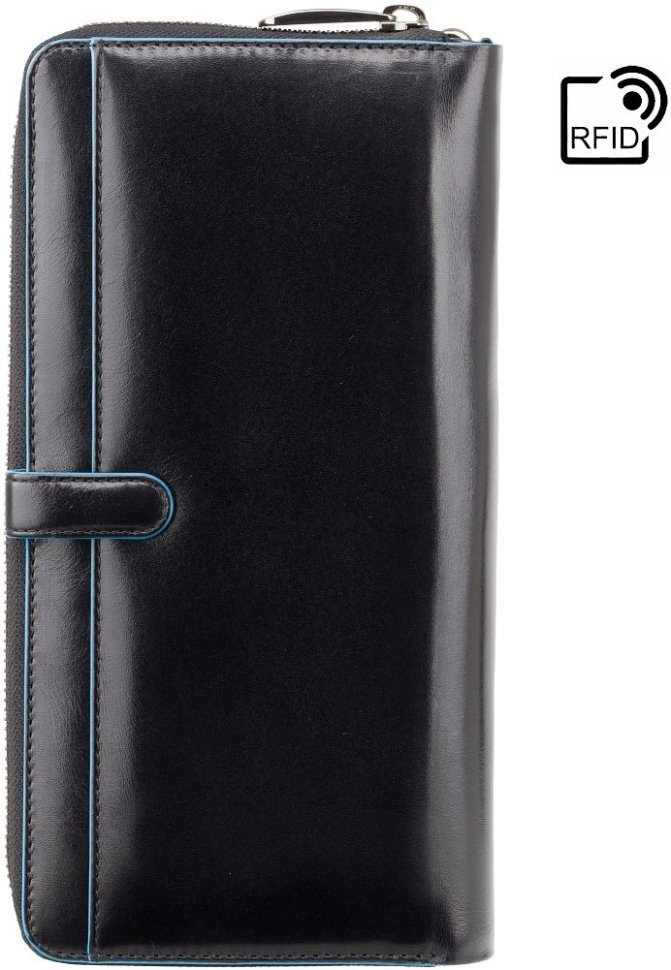 Чорний дорожній чоловічий гаманець з натуральної шкіри з блакитною окантовкою Visconti Alfred 69051