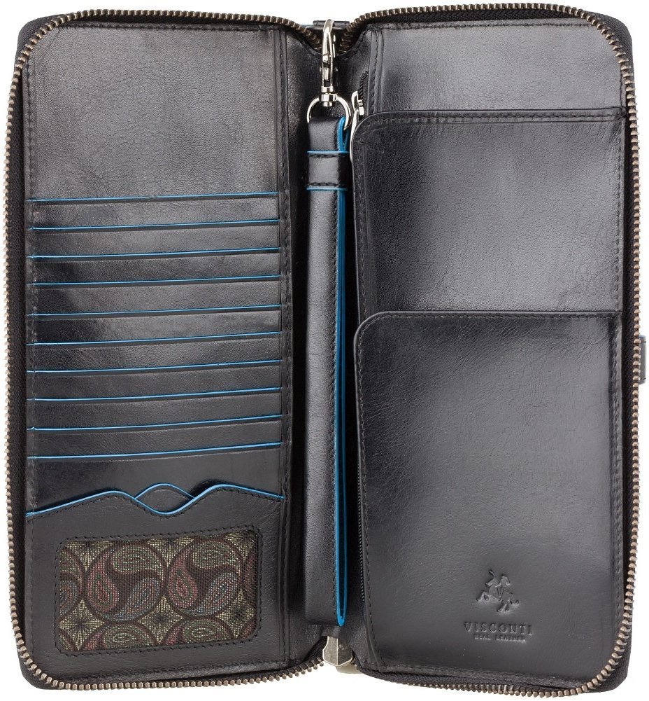 Черный дорожный мужской кошелек из натуральной кожи с синей окантовкой Visconti Alfred 69051