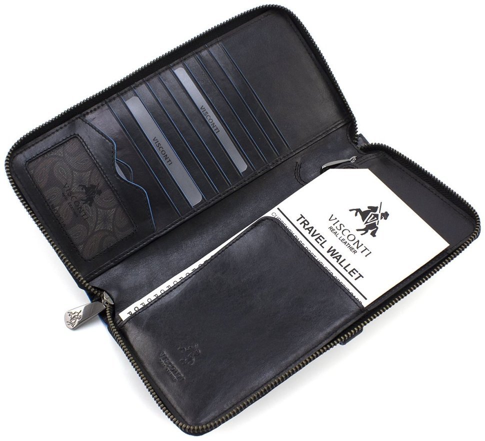 Чорний дорожній чоловічий гаманець з натуральної шкіри з блакитною окантовкою Visconti Alfred 69051