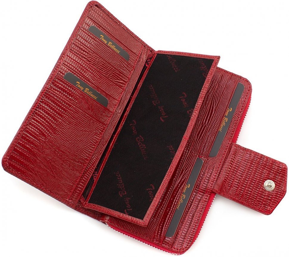 Гаманець з натуральної шкіри червоного кольору з автономним блоком під пластикові карти Tony Bellucci (10852)
