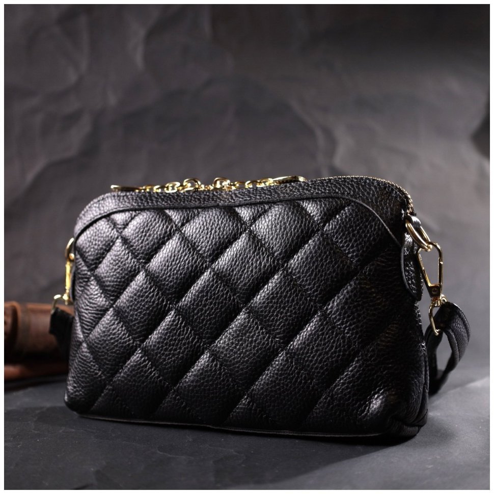 Черная женская сумка-кроссбоди из натуральной стеганной кожи Vintage 2422315
