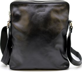Чорна чоловіча сумка на плече з натуральної шкіри на дві блискавки TARWA (21679)