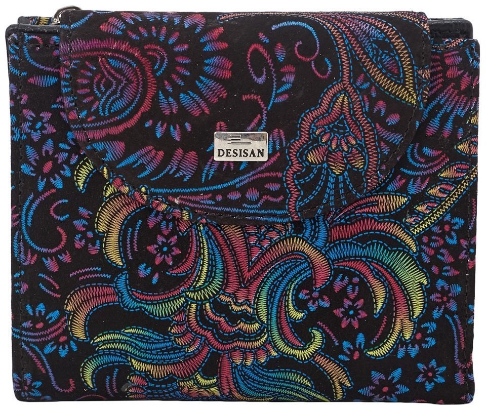 Компактный женский кошелек из натуральной кожи с узором синие цветы Desisan 81652 modnotak фото №1