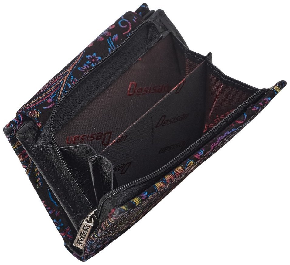 Компактный женский кошелек из натуральной кожи с узором синие цветы Desisan 81652 modnotak фото №3