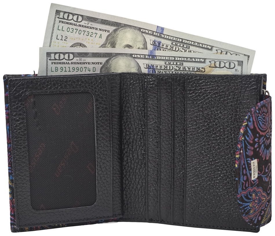 Компактный женский кошелек из натуральной кожи с узором синие цветы Desisan 81652 modnotak фото №5