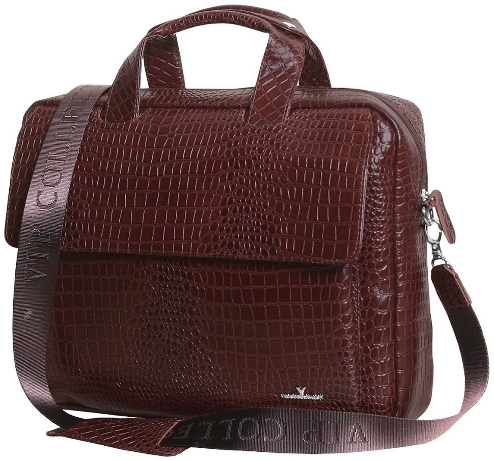 Коричневая сумка для ноутбука 15.6 дюймов из кожи кроко Vip Collection 102552 modnotak фото №1