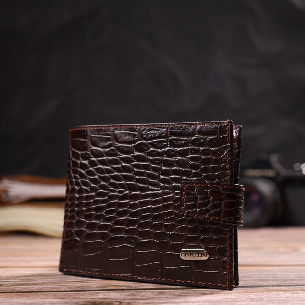 Коричневый мужской бумажник из натуральной фактурной кожи с тиснением под крокодила CANPELLINI (2421788)