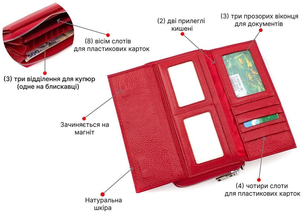 Фірмовий жіночий шкіряний гаманець на блискавці з додатковим блоком під різне Marco Coverna (17504) modnotak фото №4