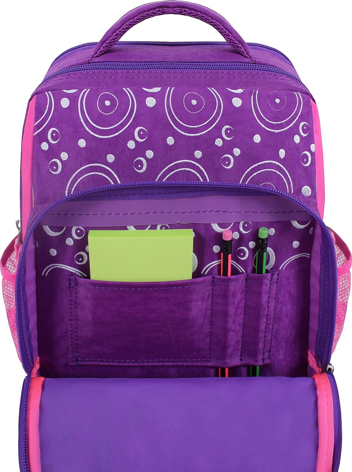 Школьный текстильный рюкзак для девочек фиолетового цвета с котом Bagland 53752
