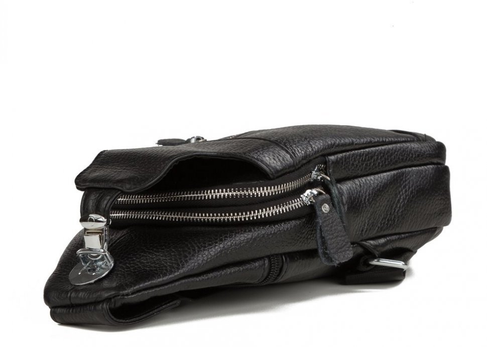 Мужская сумка-слинг на грудь из натуральной черной кожи Tiding Bag (15873)
