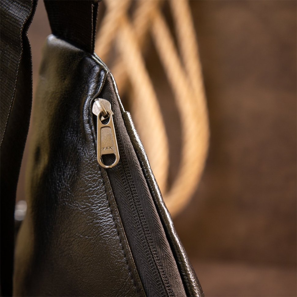Черная тонкая мужская сумка-слинг из кожзаменителя Vintage (20565)