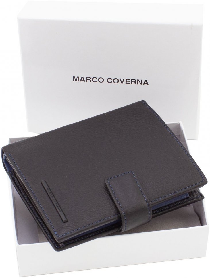 Кожаный мужской кошелек черного цвета на два отделения - Marco Coverna (18509)