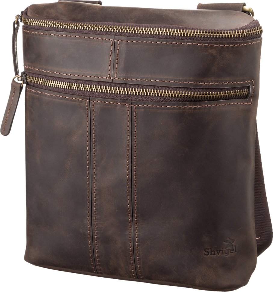 Мужская наплечная сумка коричневого цвета из натуральной кожи в стиле винтаж SHVIGEL (11103)