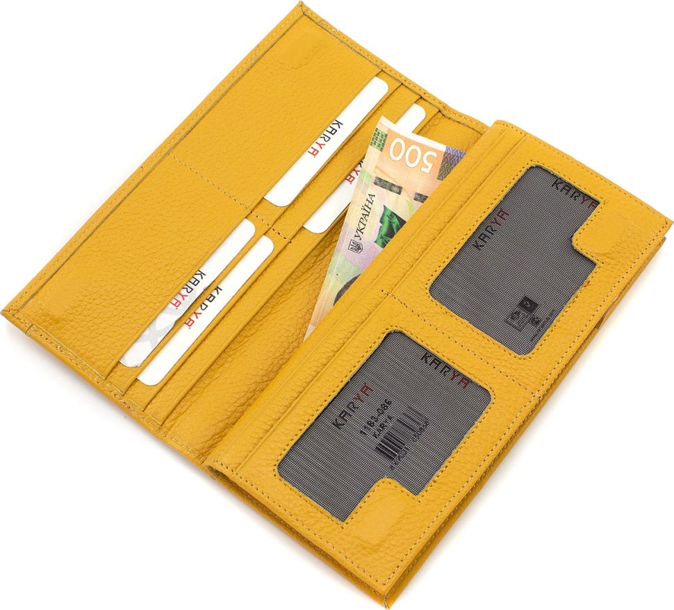 Жовтий шкіряний гаманець із фактурної шкіри великого розміру KARYA (21060)