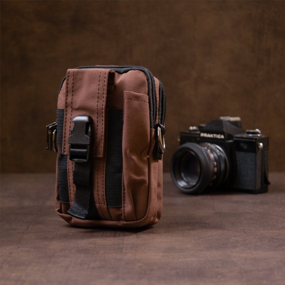 Маленькая мужская сумка на пояс коричневого цвета на две молнии Vintage (20648)