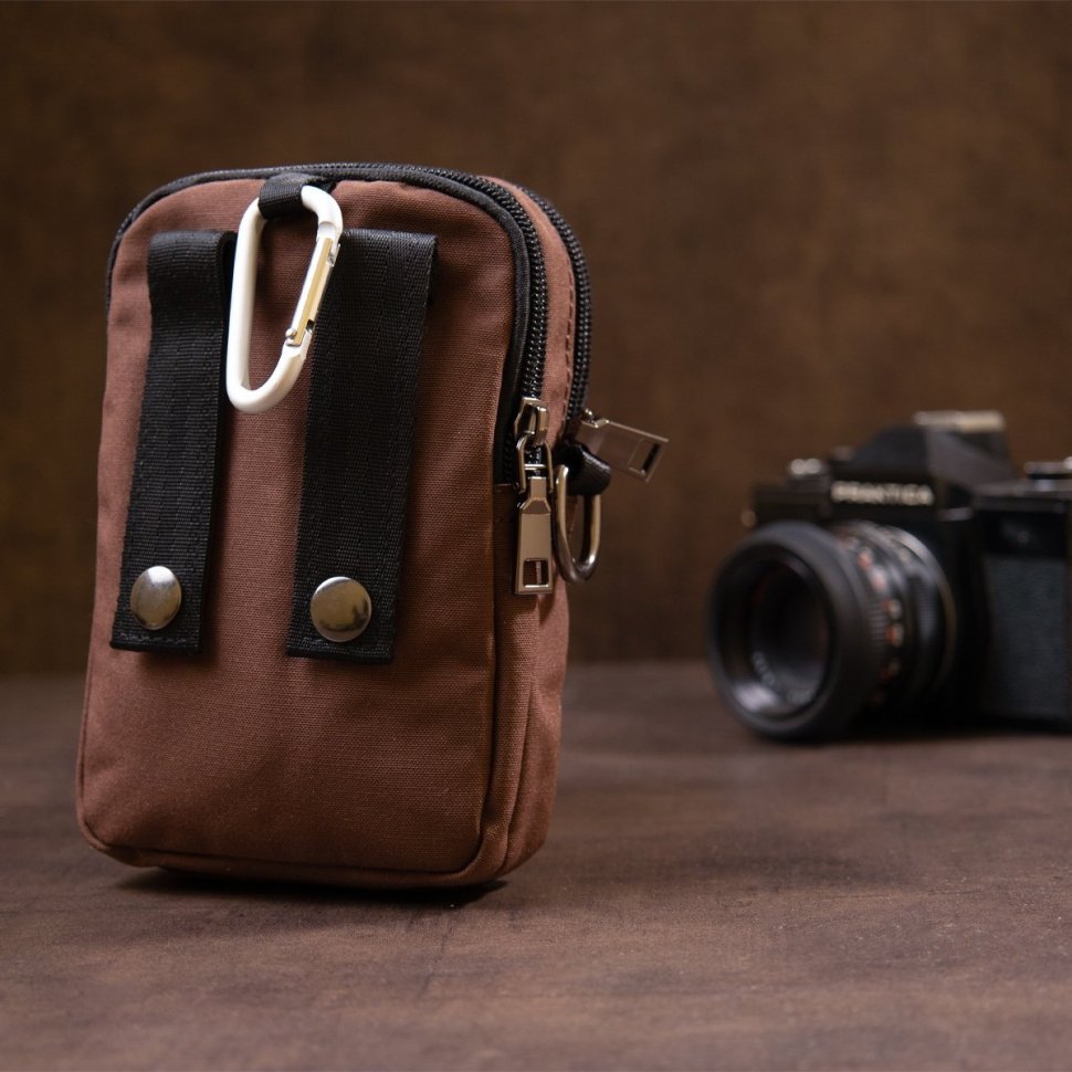 Маленька чоловіча сумка на пояс коричневого кольору на дві блискавки Vintage (20648)