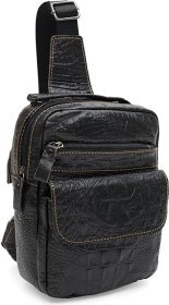 Чоловіча шкіряна сумка-рюкзак через плече чорного кольору з тисненням під крокодила Keizer (22082)