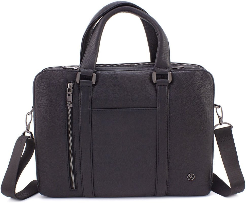 Велика чоловіча сумка під ноутбук із натуральної чорної шкіри з ручками HT Leather 67752