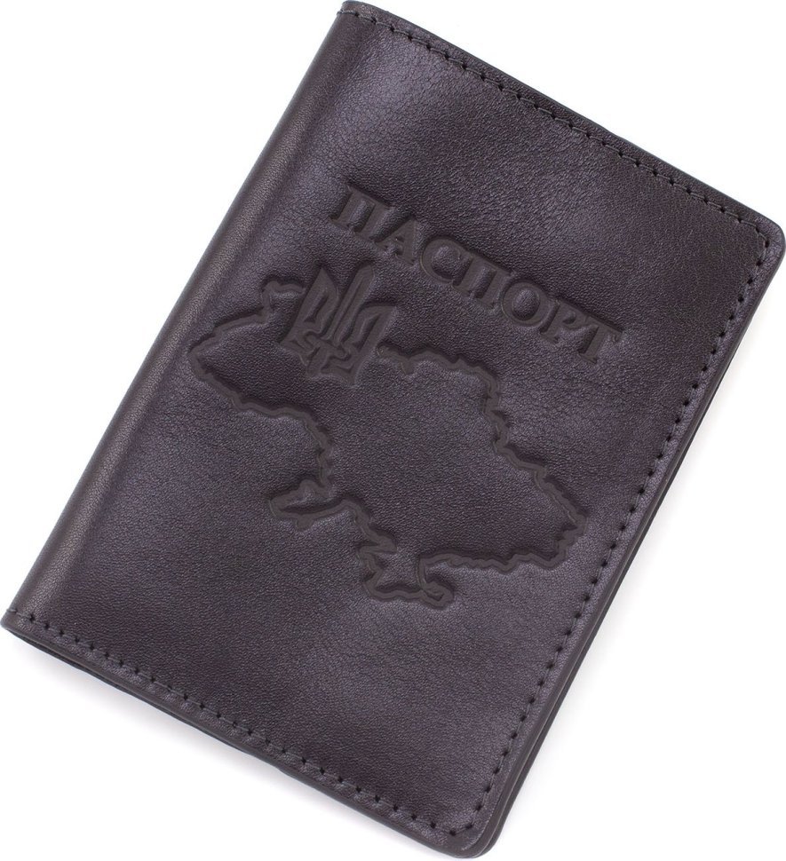 Чорна патріотична обкладинка для паспорта з італійської шкіри з картою України - Grande Pelle (21948)