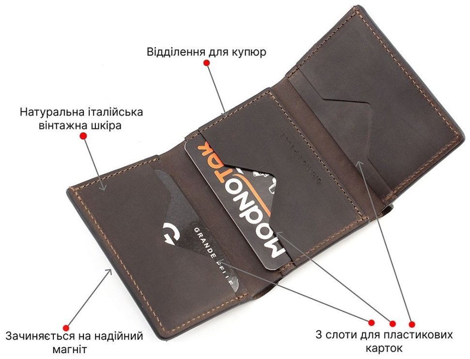 Стильный маленький кошелек из винтажной кожи в коричневом цвете Grande Pelle (13002) modnotak фото №4