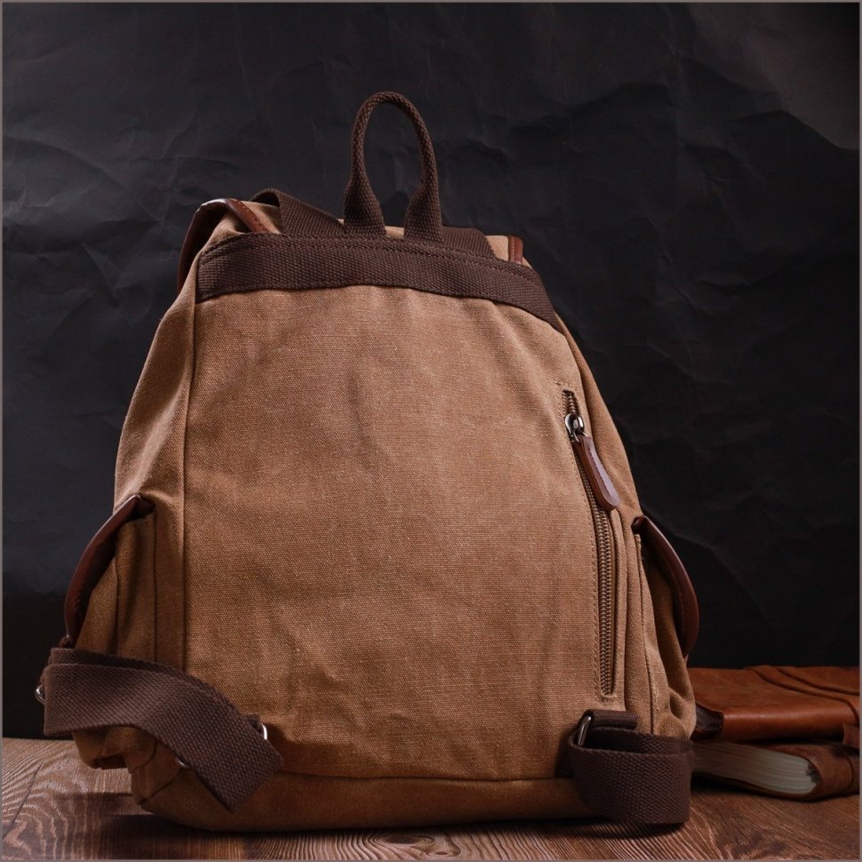 Большой текстильный мужской рюкзак коричневого цвета с клапаном на магните Vintage 2422155