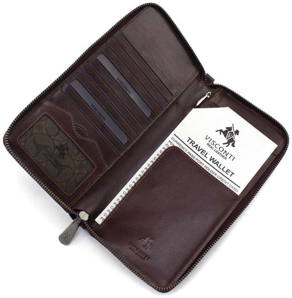 Мужской дорожный кошелек из натуральной кожи коричневого цвета с синей окантовкой Visconti Alfred 69052
