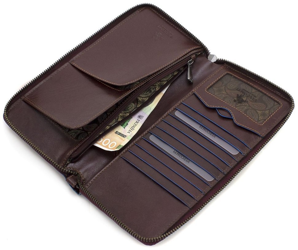 Чоловічий дорожній гаманець з натуральної шкіри коричневого кольору з блакитною окантовкою Visconti Alfred 69052
