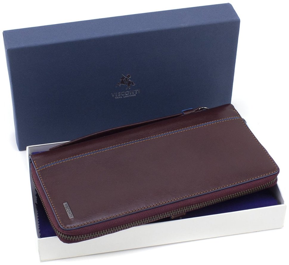 Чоловічий дорожній гаманець з натуральної шкіри коричневого кольору з блакитною окантовкою Visconti Alfred 69052