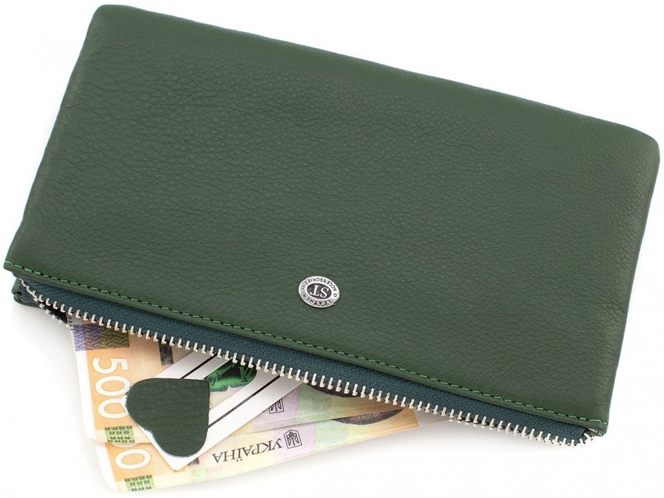 Жіночий темно-зелений гаманець-клатч великого розміру з натуральної шкіри ST Leather (15333)