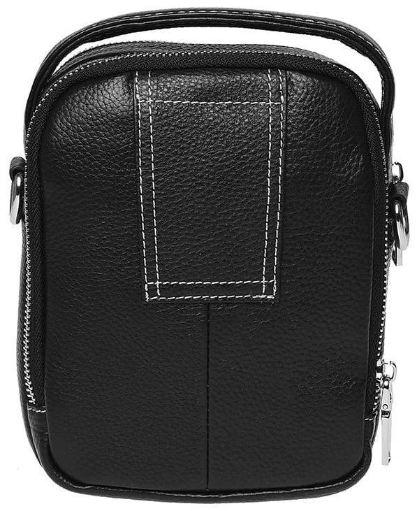Маленькая мужская сумка-барсетка из натуральной кожи черного цвета с белой строчкой Ricco Grande 71653