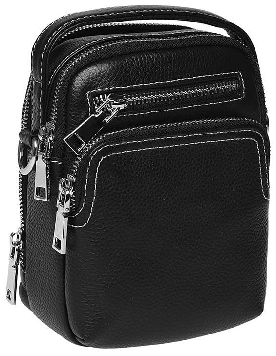 Маленька чоловіча сумка-барсетка з натуральної шкіри чорного кольору з білим рядком Ricco Grande 71653