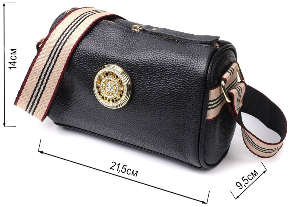 Повседневная женская сумка из кожи флотар с текстильным плечевым ремнем и украшением Vintage 102953 черного цвета modnotak фото №3