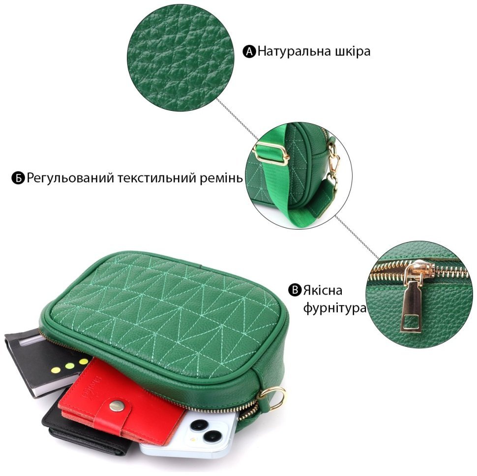 Компактная женская сумка из фактурной кожи прошитая нитью Vintage 103153 зеленого цвета modnotak фото №4