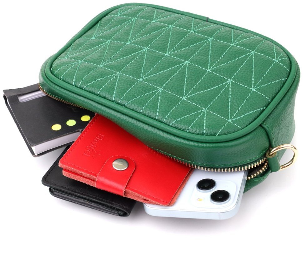 Компактная женская сумка из фактурной кожи прошитая нитью Vintage 103153 зеленого цвета modnotak фото №9