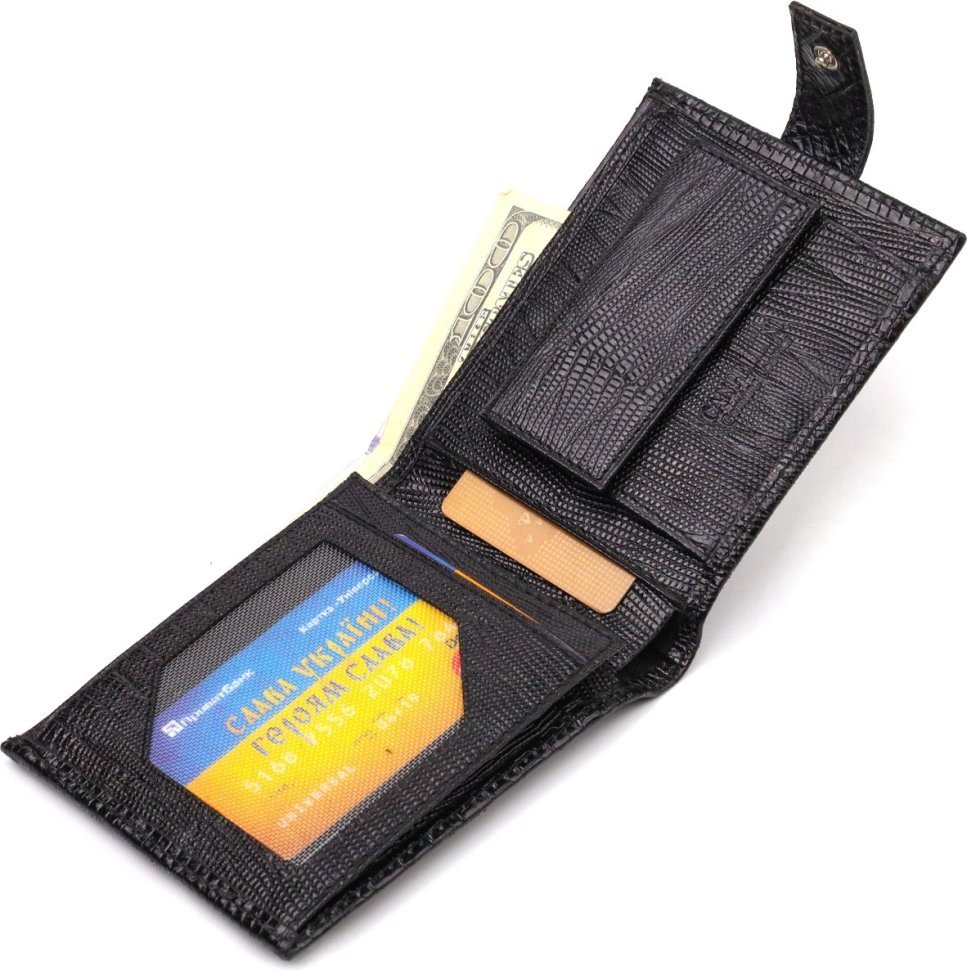 Мужское портмоне из фактурной черной кожи с хлястиком на кнопке CANPELLINI (2421789)